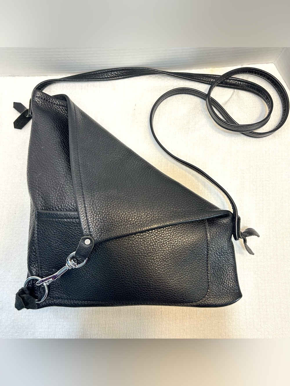 KT Leather Designs Black Leather Triangle Sling Bag Handbag Pebbled Custom Made
